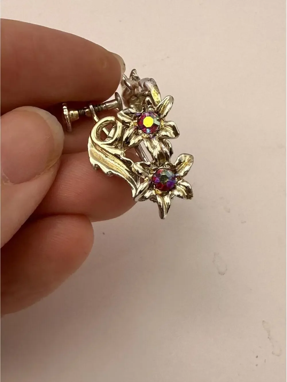 Vintage Floral Screw Back Earrings with Colorful Rhinestones